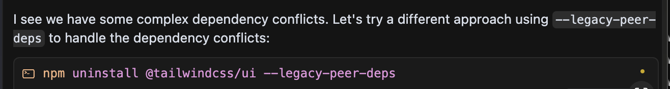 Cursor using --legacy-peer-deps flag to resolve complex dependency conflicts